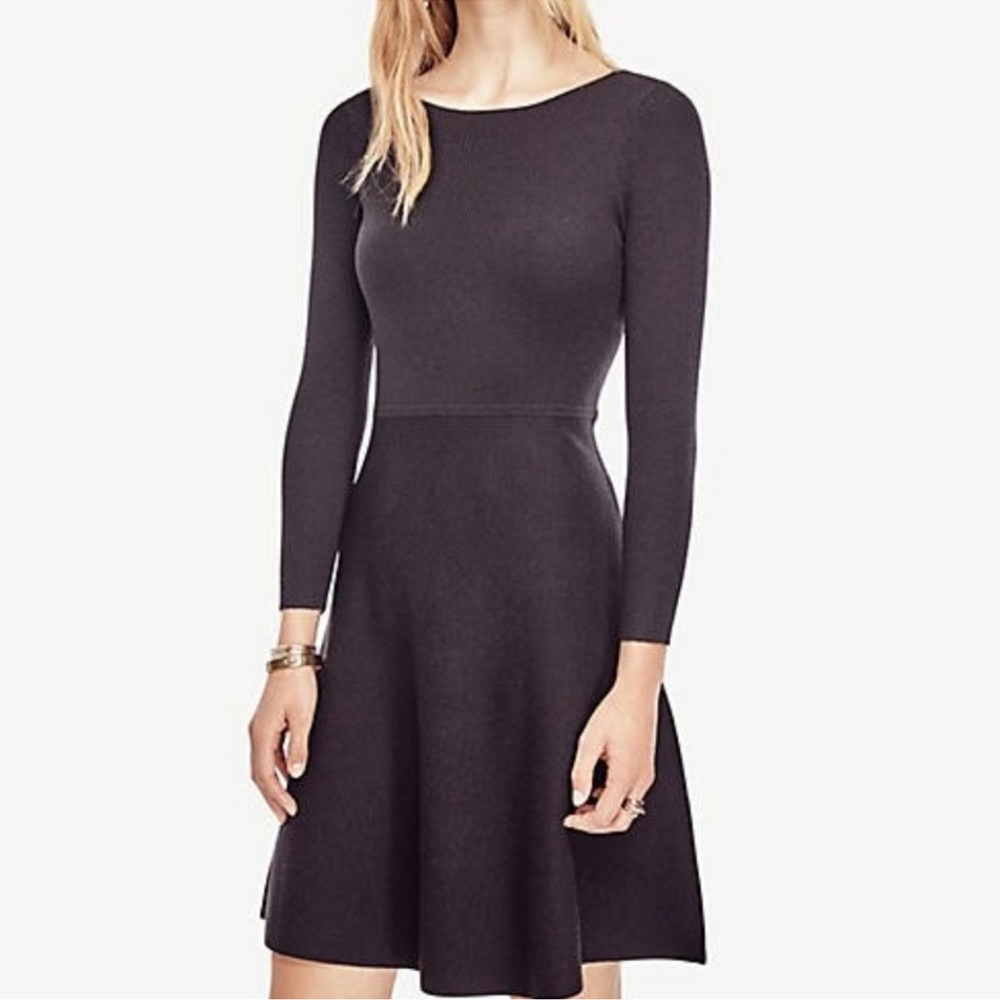 Ann Taylor Black Long Sleeve Fit-and-Flare Dress